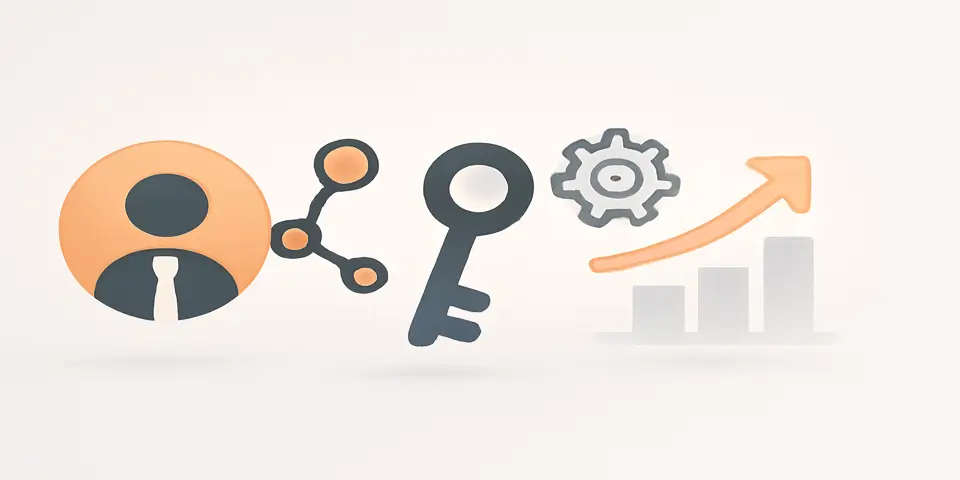 Abstract gradient shapes and minimal icons symbolizing outsourcing and success
