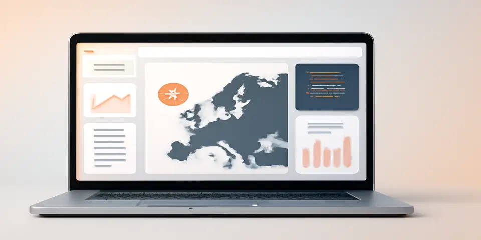 A business professional analyzing outsourcing data on a laptop