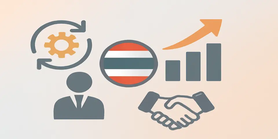 Abstract icons representing outsourcing efficiency and growth