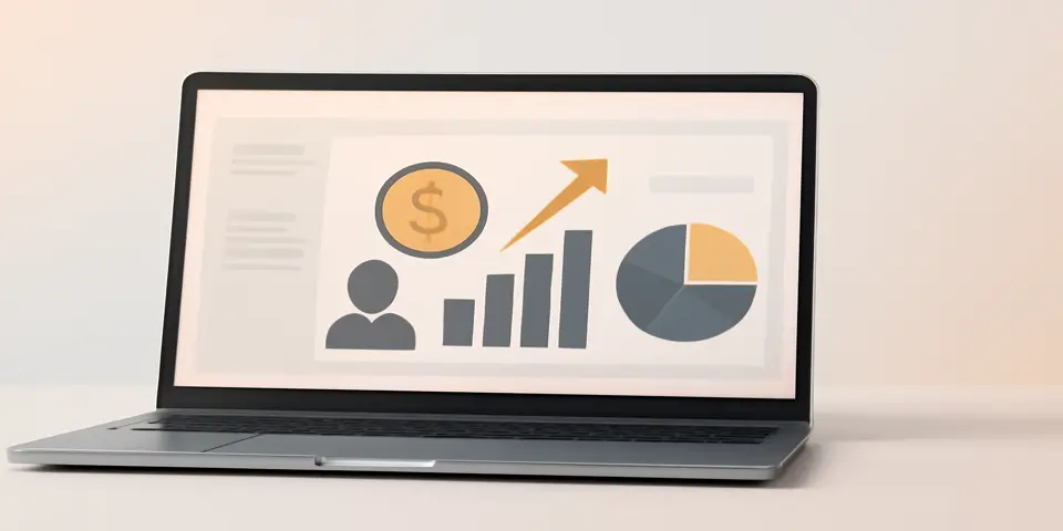 Laptop showing ROI dashboards and outsourcing analytics