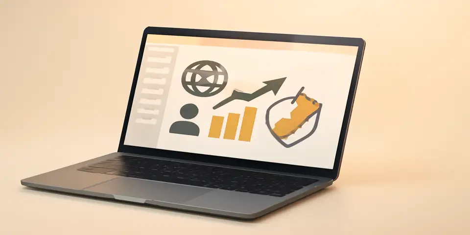 Laptop displaying outsourcing service analytics and growth charts