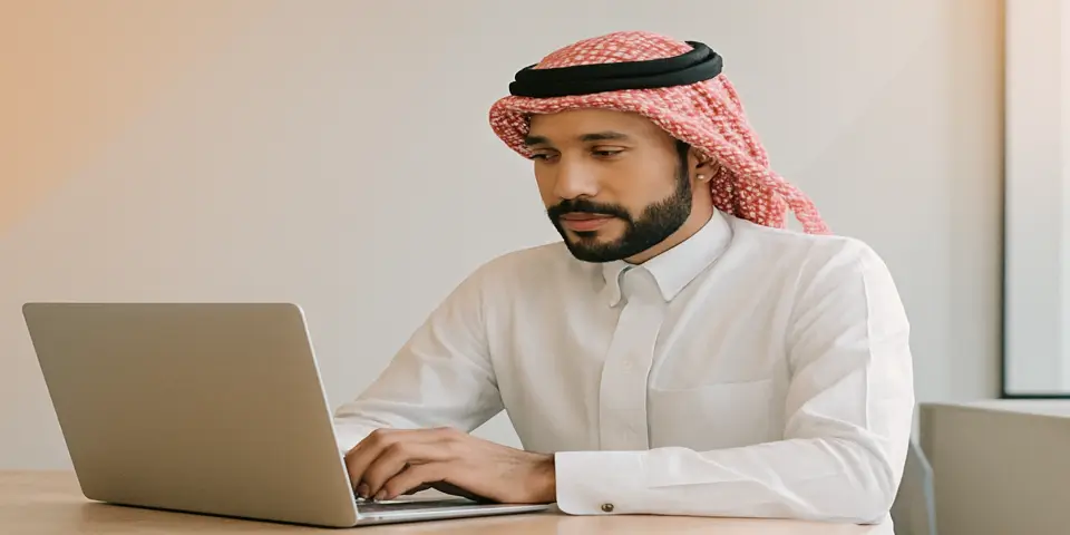 Professional analyzing outsourcing strategy data on a laptop