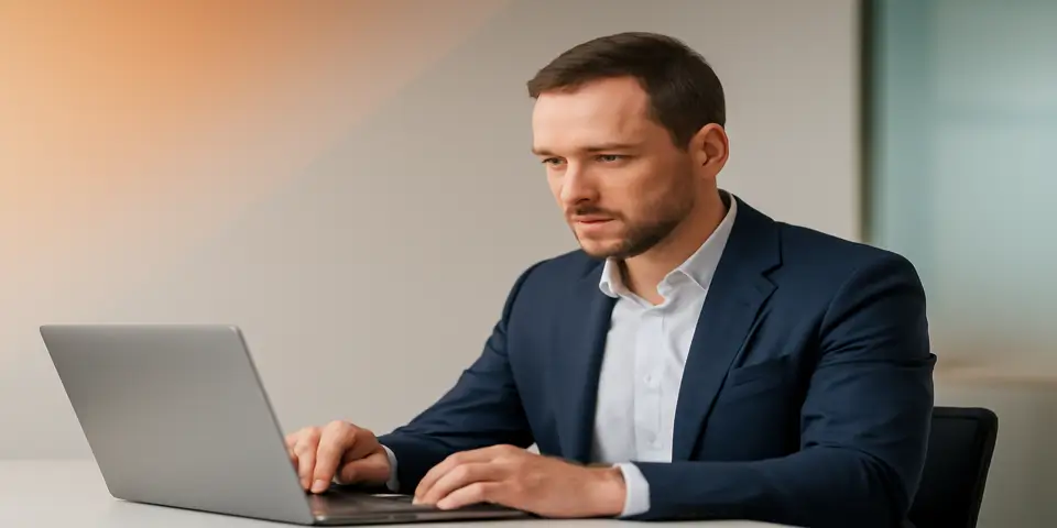 Professional analyzing outsourcing growth data on a laptop
