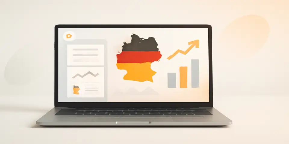 Laptop displaying growth charts and outsourcing strategy analytics