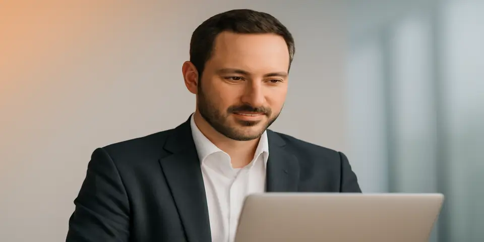Professional analyzing outsourcing strategy data on a laptop