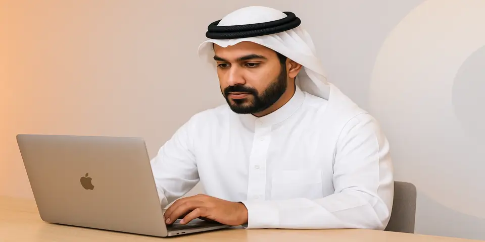 Professional analyzing outsourcing data on laptop for business growth