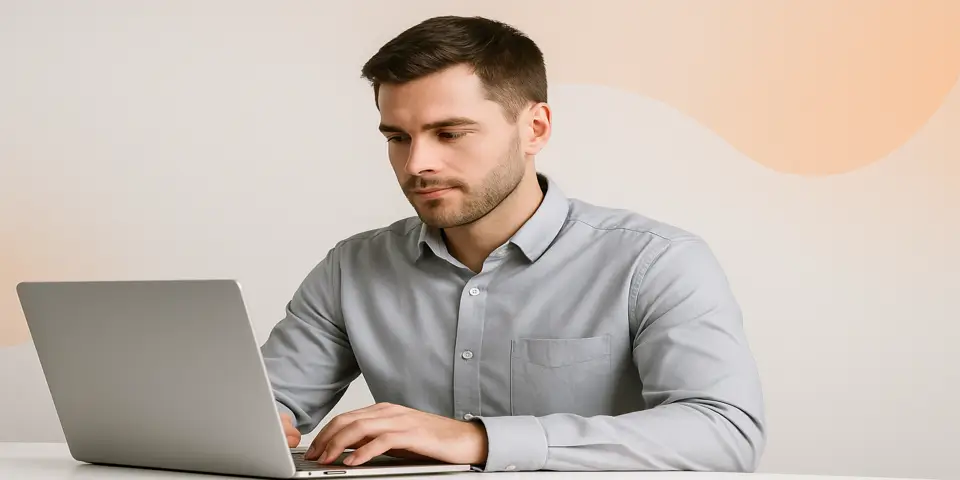 Professional analyzing outsourcing data on a laptop with global visuals