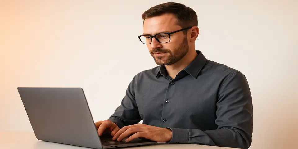 Professional working with laptop and digital interface visuals