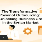 Title centered with outsourcing icons showing global growth and collaboration