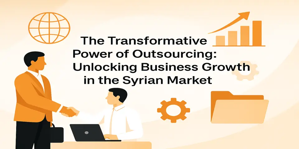 Title centered with outsourcing icons showing global growth and collaboration