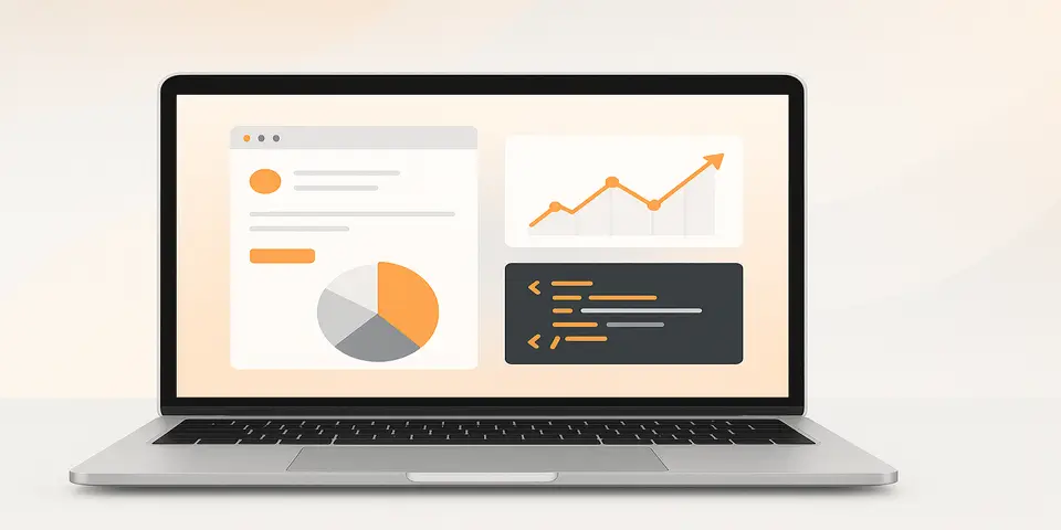 Laptop displaying business growth charts and IT dashboards