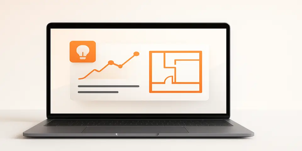 Laptop screen showing renovation dashboards and digital growth charts
