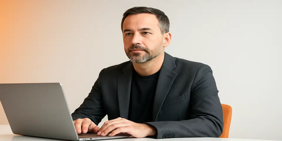 Business professional using laptop to apply IT solutions