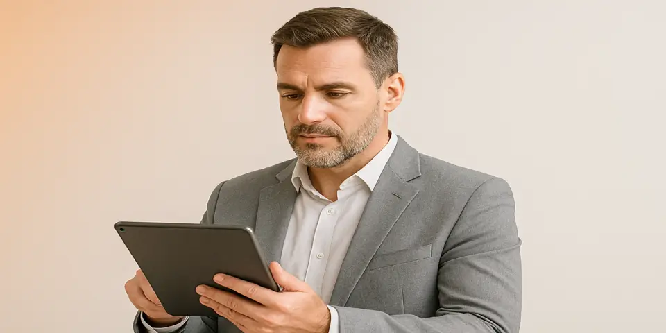 Business professional using laptop to apply IT innovations