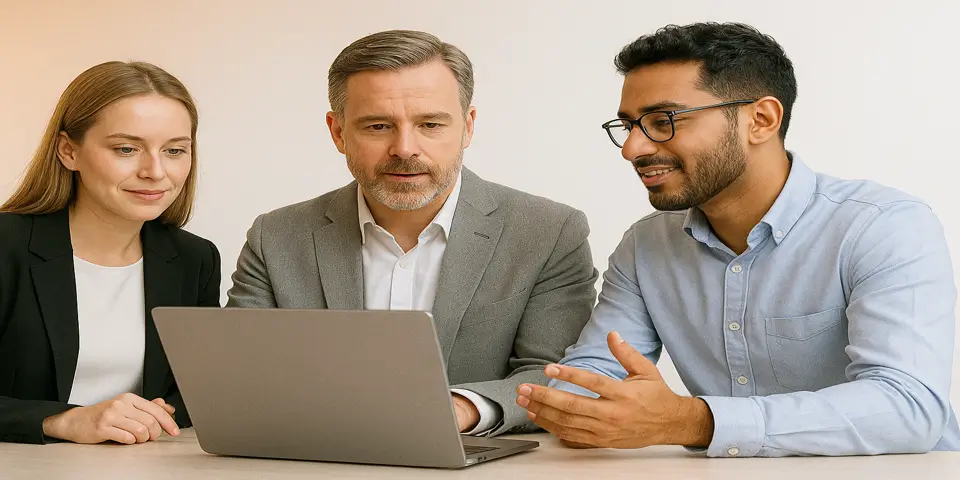 Business team in UK discussing IT strategies for enterprise growth