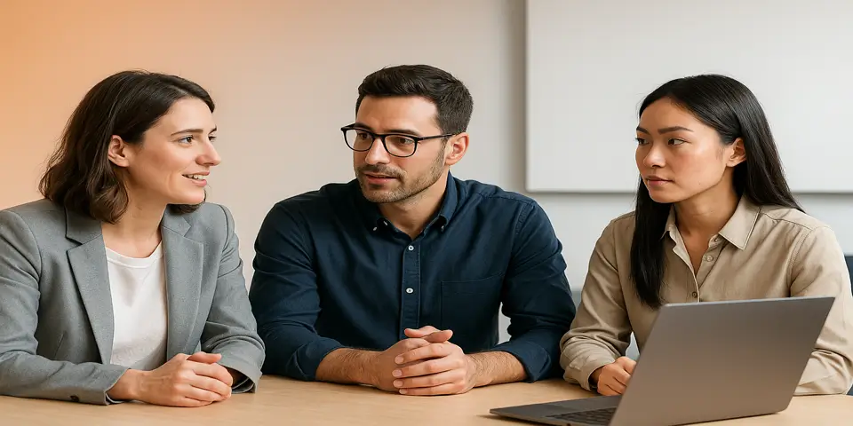 Team of professionals discussing e-commerce software improvements.