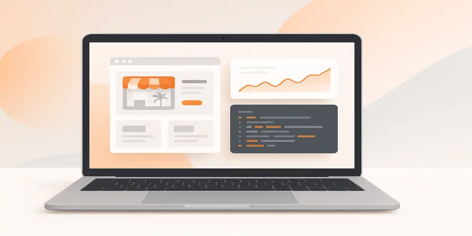 : Laptop displaying e-commerce dashboard with analytics and sales graphs.