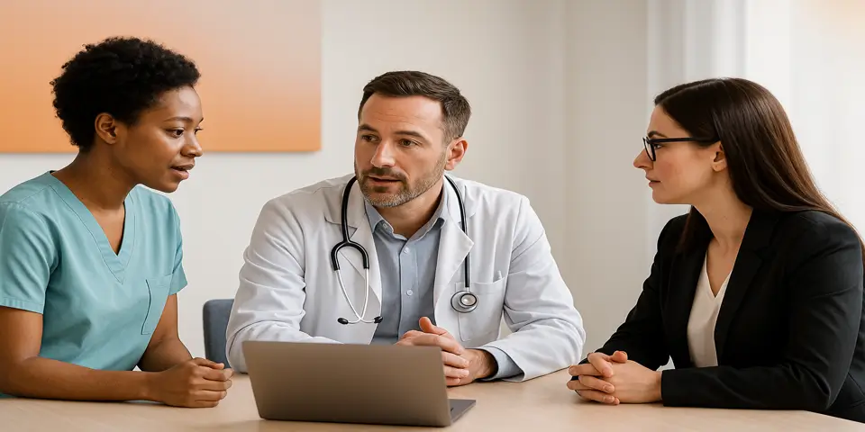 Medical professionals collaborating using digital healthcare platforms.
