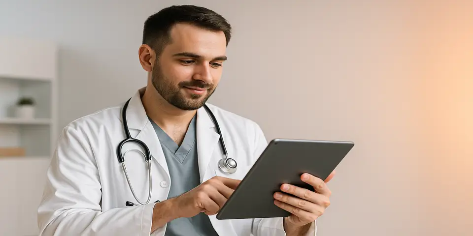 Doctor using advanced healthcare software on a tablet device.