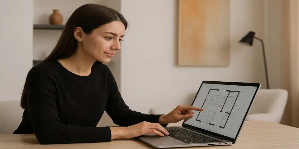 Designer analyzing 3D interior layouts using digital software.