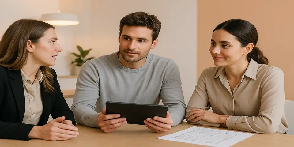 Team of designers collaborating with IT tools for interior projects.