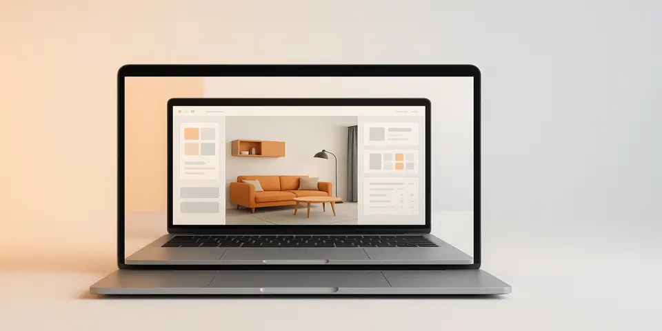 Laptop displaying smart interior design software interface.