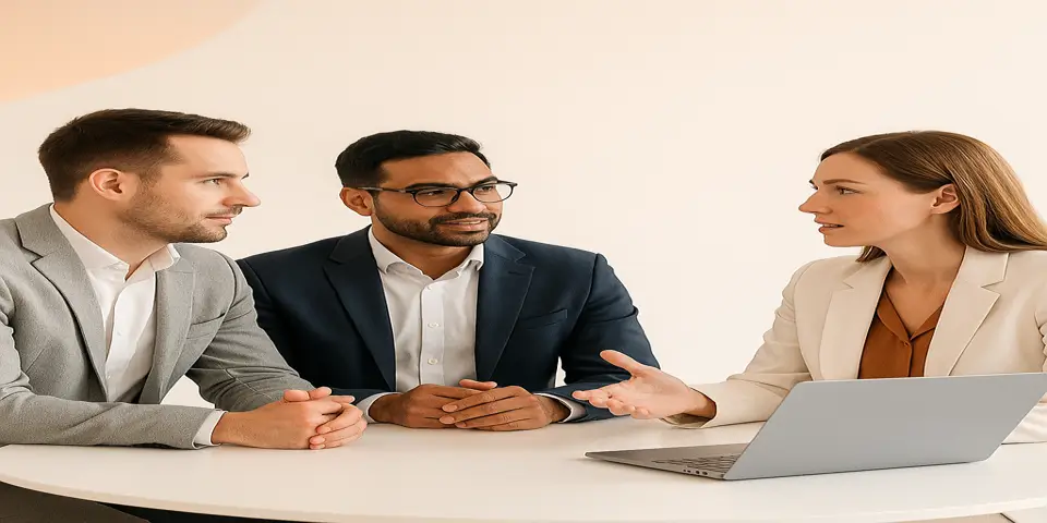 Group of professionals collaborating with digital tools for IT growth.