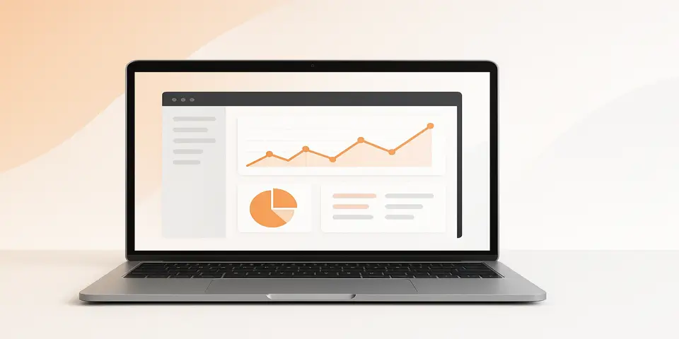 Laptop displaying futuristic IT analytics dashboard representing innovation and growth