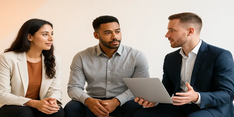 Team of professionals discussing IT strategies in a modern Miami office.
