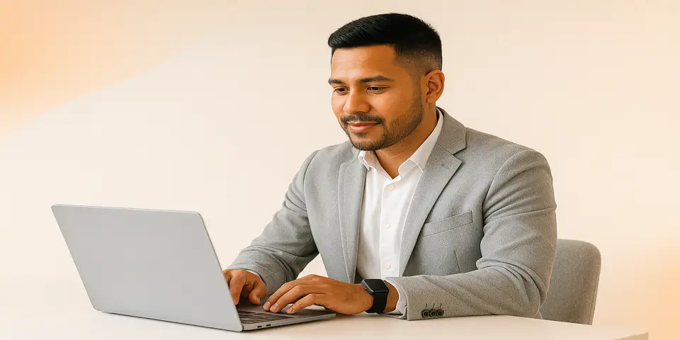 Business professional analyzing growth data on a futuristic IT dashboard.