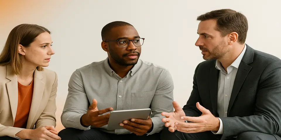 Business professionals collaborating on IT strategy in a modern workspace.