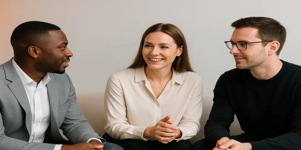 Business professionals collaborating with IT experts in a modern office.