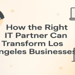 Los Angeles skyline with digital elements representing IT partnerships.
