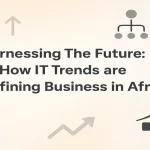 African cityscape integrated with digital technology visuals symbolizing IT growth.