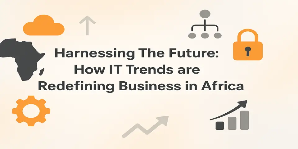 African cityscape integrated with digital technology visuals symbolizing IT growth.