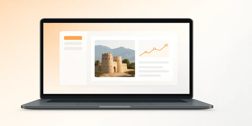Laptop displaying futuristic IT dashboard representing innovation and digital analytics