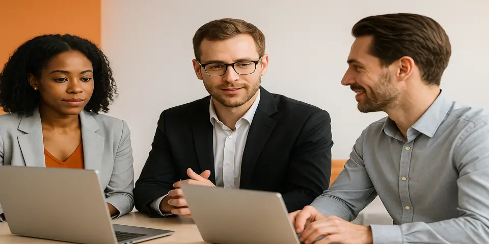 Team of professionals collaborating on IT strategies and business development