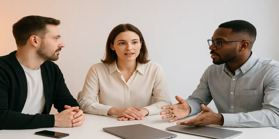 Team of professionals discussing outsourcing strategy in a modern workspace.