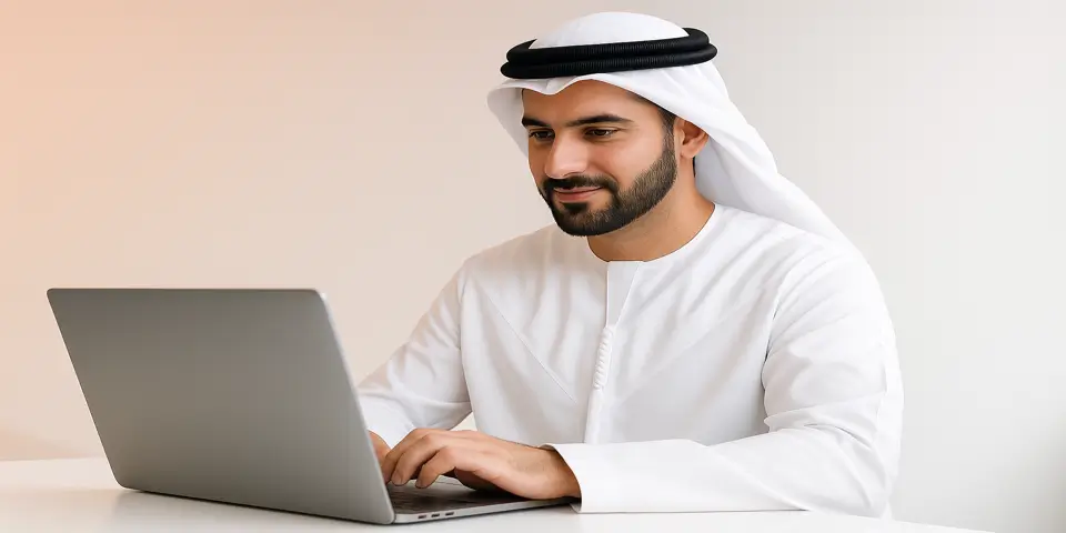 Professional analyzing performance analytics on a laptop in a modern workspace.