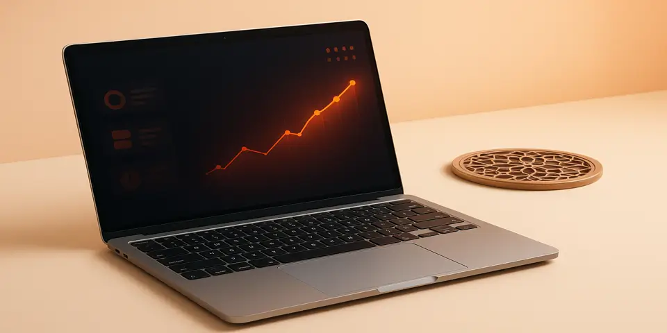 Laptop displaying business analytics dashboard with IT performance graphs.