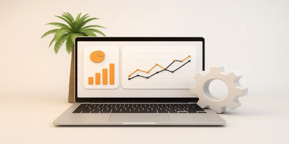 Modern IT infrastructure with laptops and analytics visuals representing Saudi digital growth.