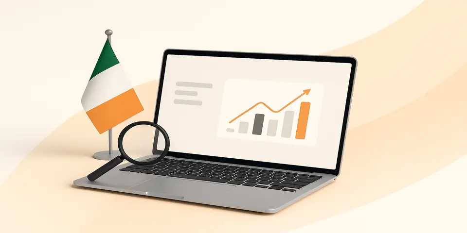 Modern IT setup with cloud network, laptops, and digital analytics visuals.