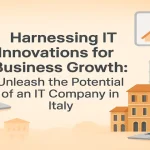 Modern laptops, graphs, and Italian architecture symbolizing IT-driven business growth.