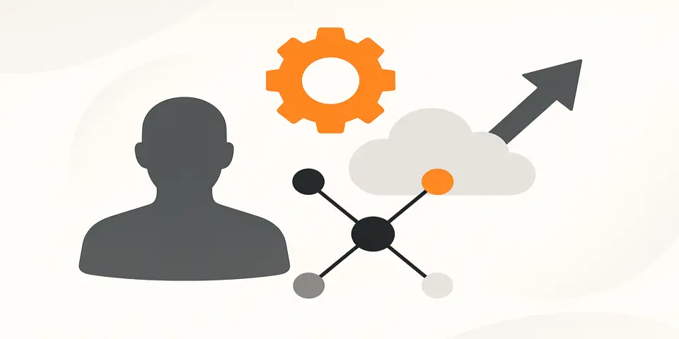 Minimalistic digital icons illustrating technology and transformation.