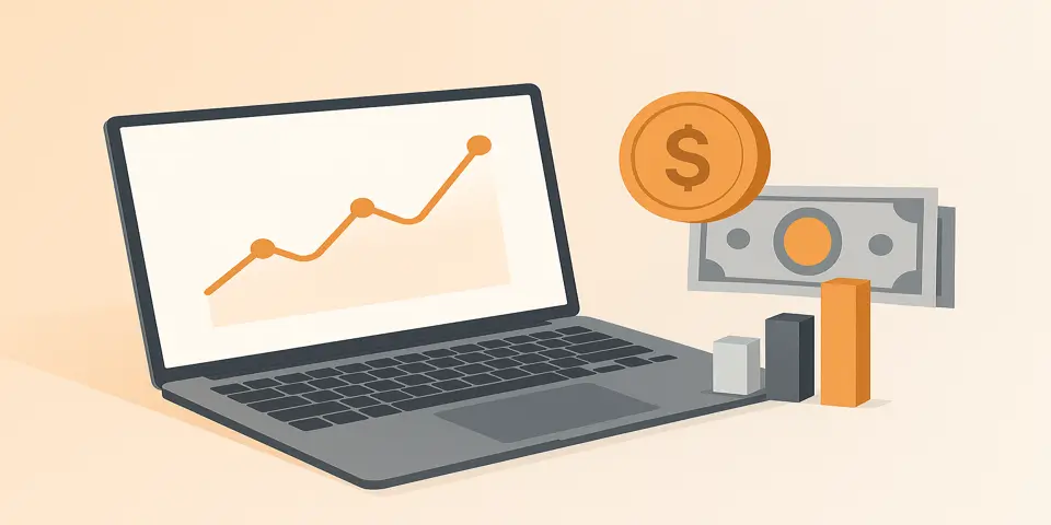 Laptop displaying digital marketing dashboard with financial data charts.