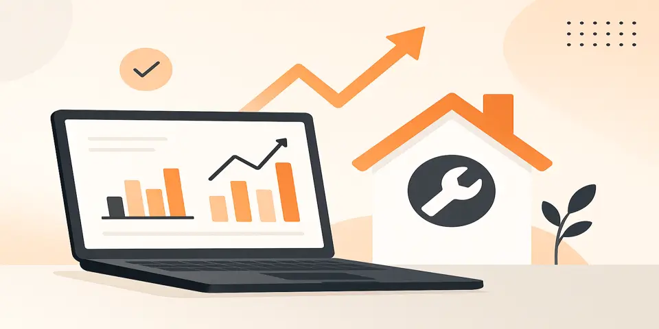 Laptop showing digital strategy dashboard with home repair metrics.