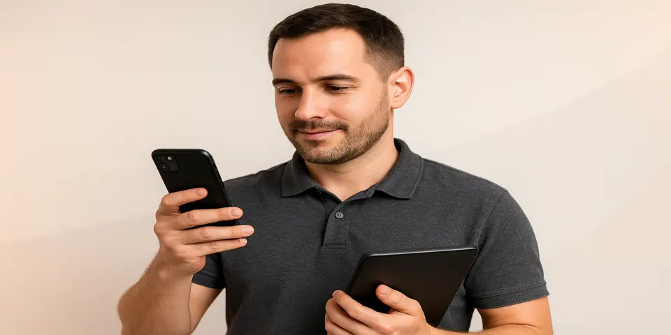 Business owner using digital tools to track service performance.