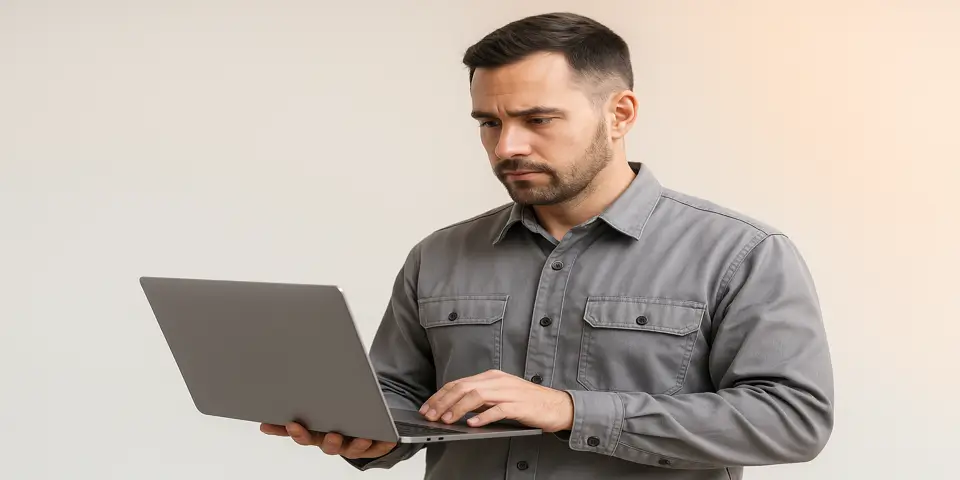 Engineer reviewing industrial web analytics on a laptop.