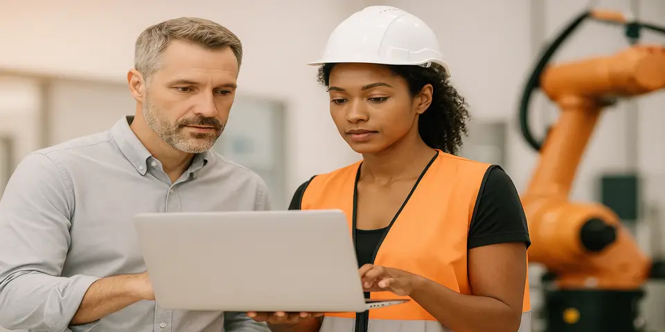 Team of professionals discussing industrial web solutions and automation.