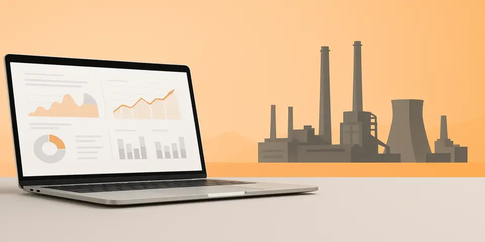 Laptop showing code and industrial automation dashboards.